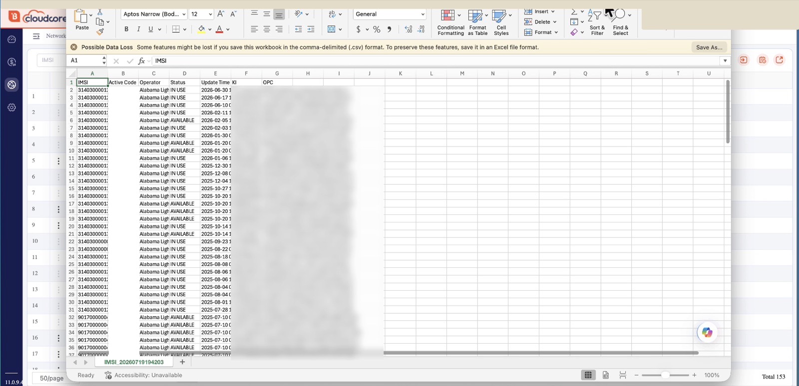 Exported IMSI file open in Excel with IMSI, Status, KI, and OPC columns