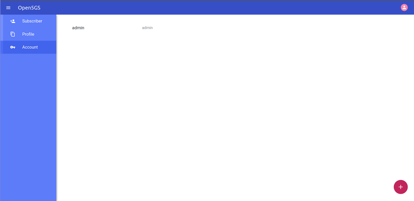 Open5GS WebUI Account tab showing the default admin user