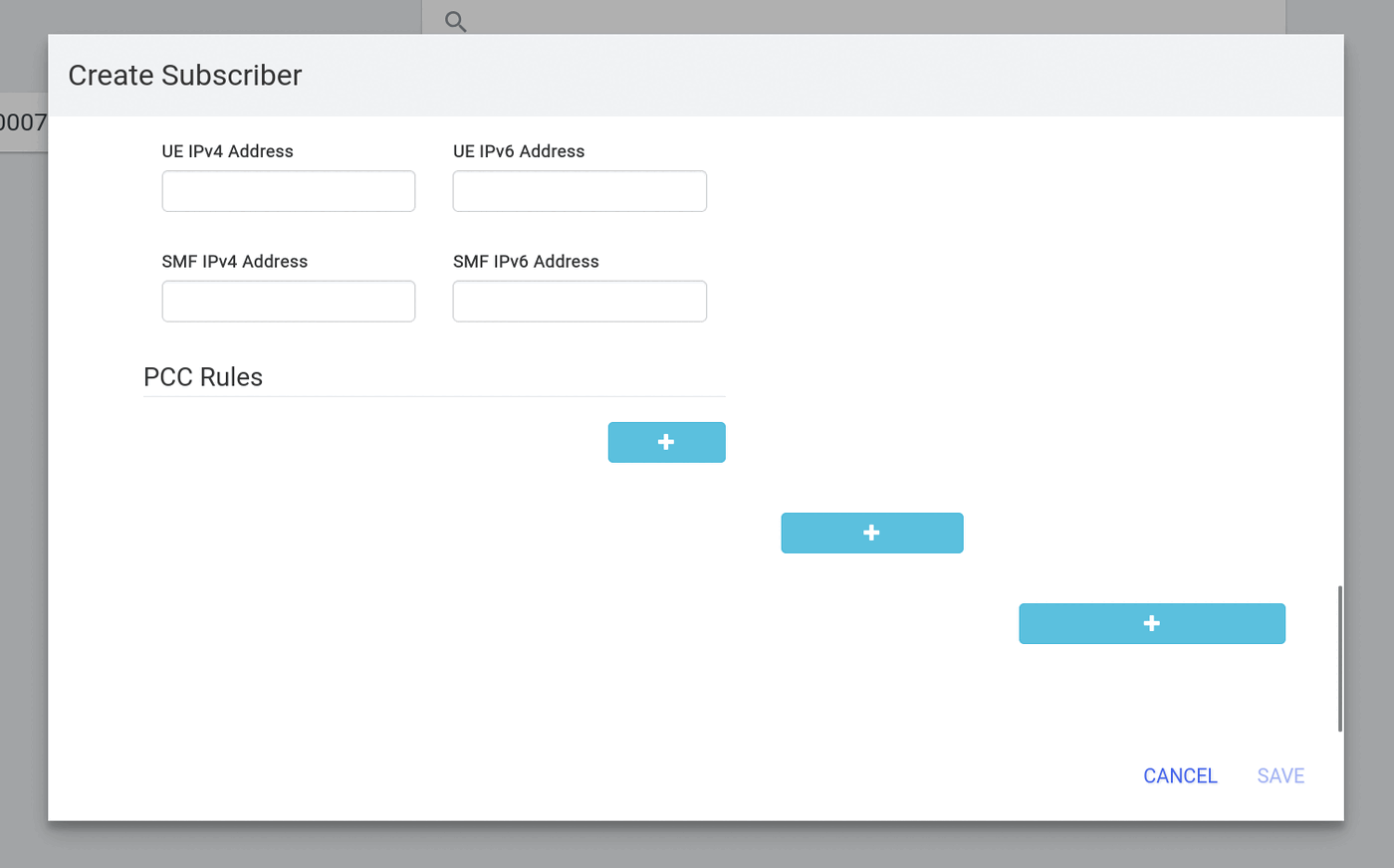 Open5GS WebUI Create Subscriber dialog scrolled to the PCC Rules section with three blue plus buttons