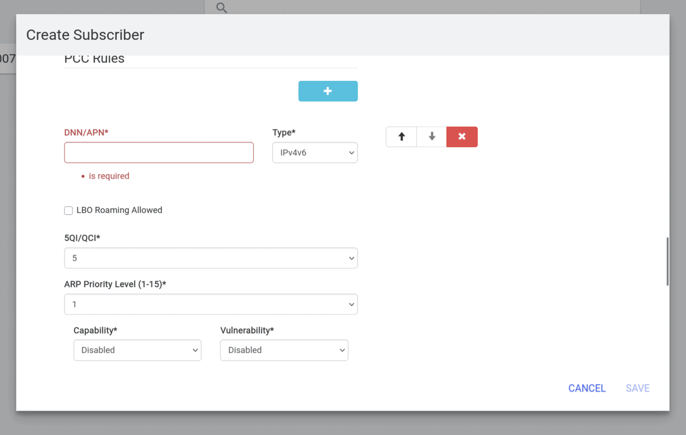 Open5GS WebUI APN entry with DNN/APN, 5QI/QCI and ARP Priority Level fields