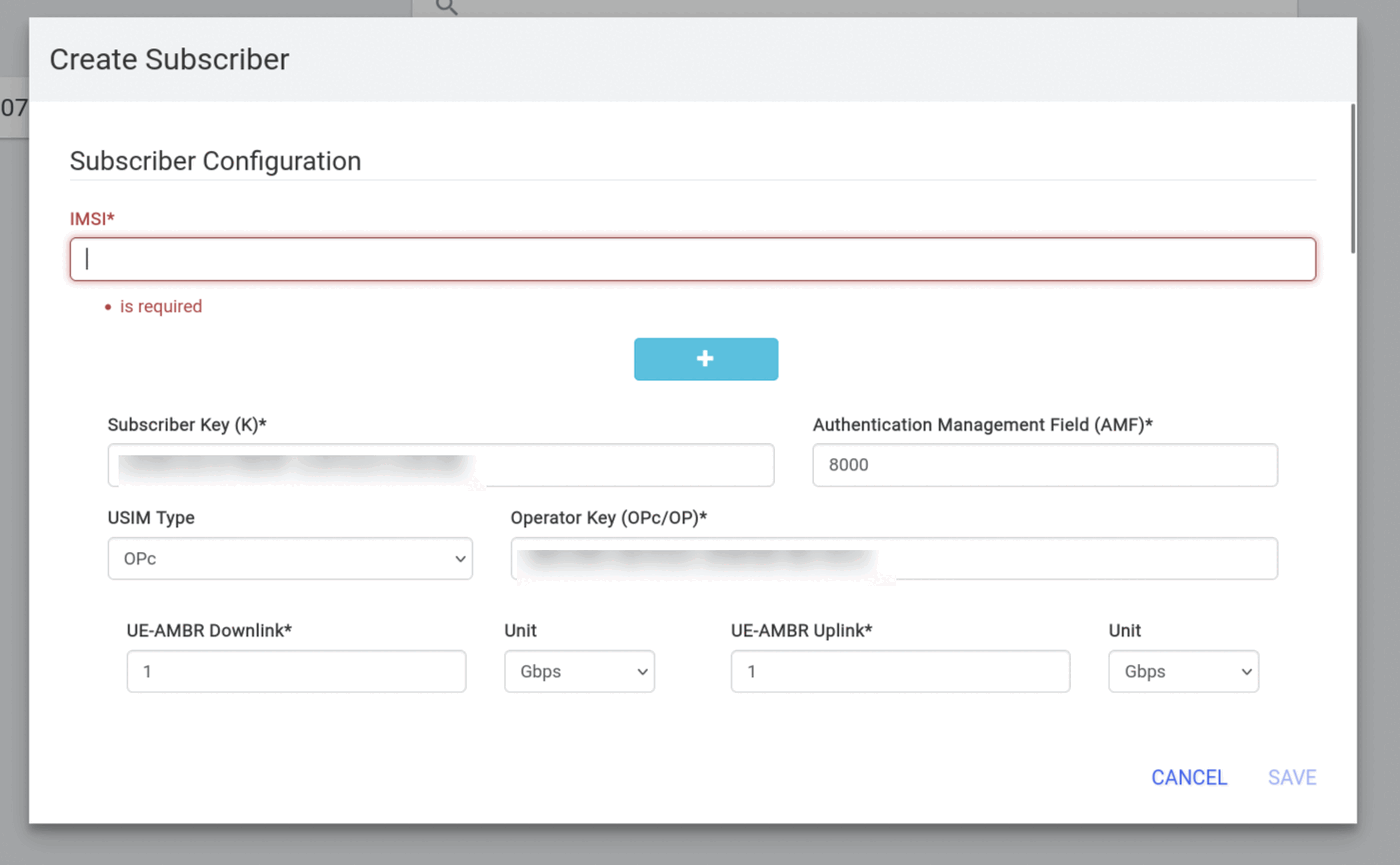 Open5GS WebUI Create Subscriber dialog showing IMSI, Subscriber Key K, and Operator Key OPc fields