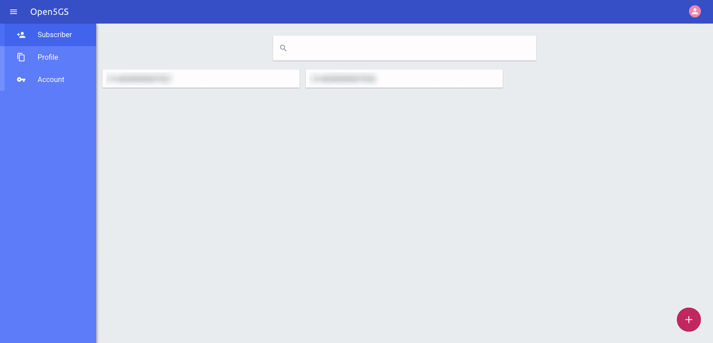 Open5GS WebUI Subscriber page listing IMSIs with the add button in the lower right